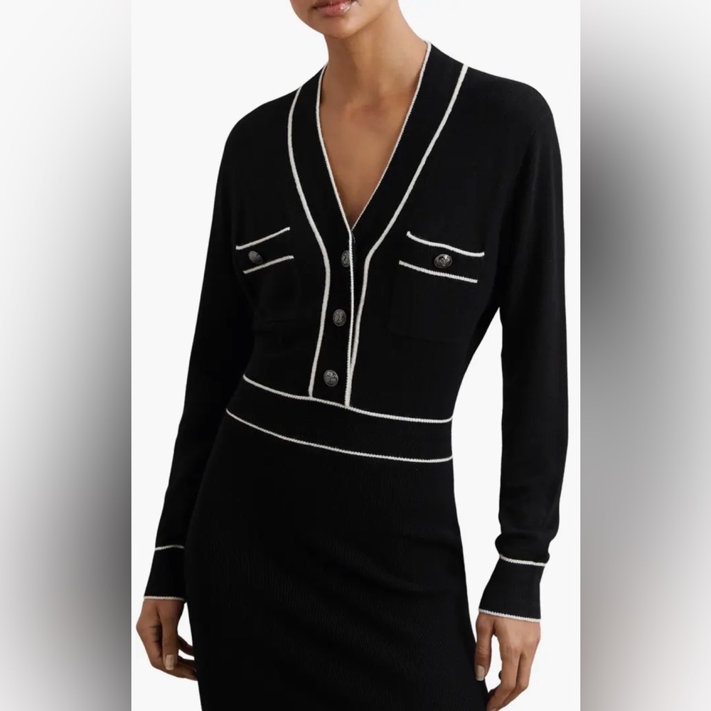 NEW Reiss Lorrie Tipped Long Sleeve Wool & Cashmere Blend Black Sweater Dress M - Picture 3 of 9